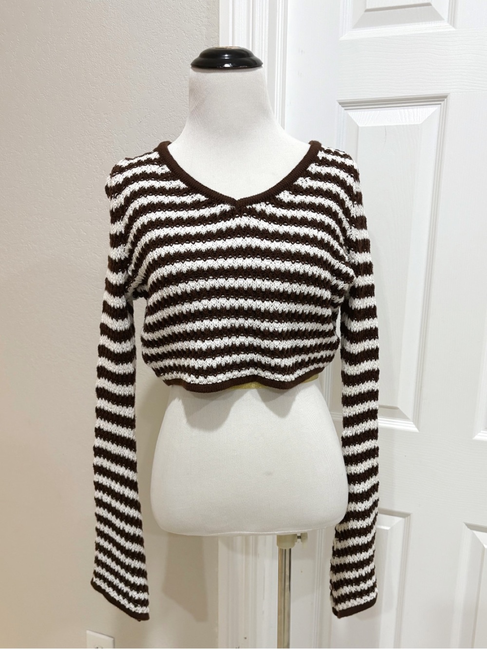 Earthbound Cotton Brown Striped Cozy Knit Long-Sleeve Cropped Top Small